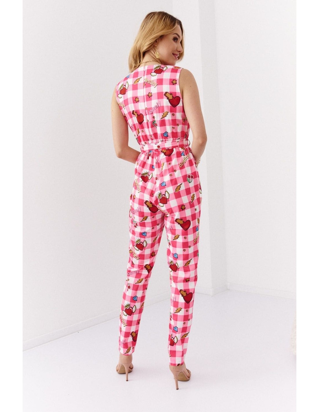 Checkered jumpsuit with envelope neckline, pink 70001 - Online store - Boutique